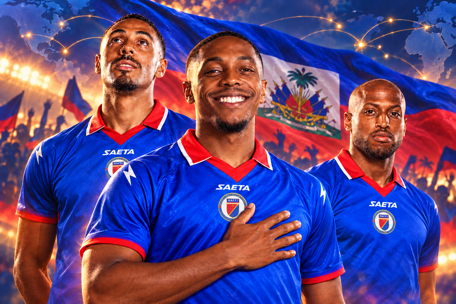 Editorial illustration of three Haiti footballers in blue SAETA jerseys with Haiti crests against a Haitian flag and community backdrop.